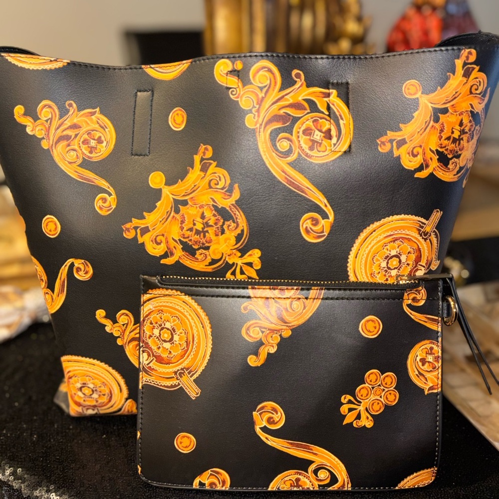 Versace Jean Couture Baroque Print Tote Bag + Pouch & Bag Organizer